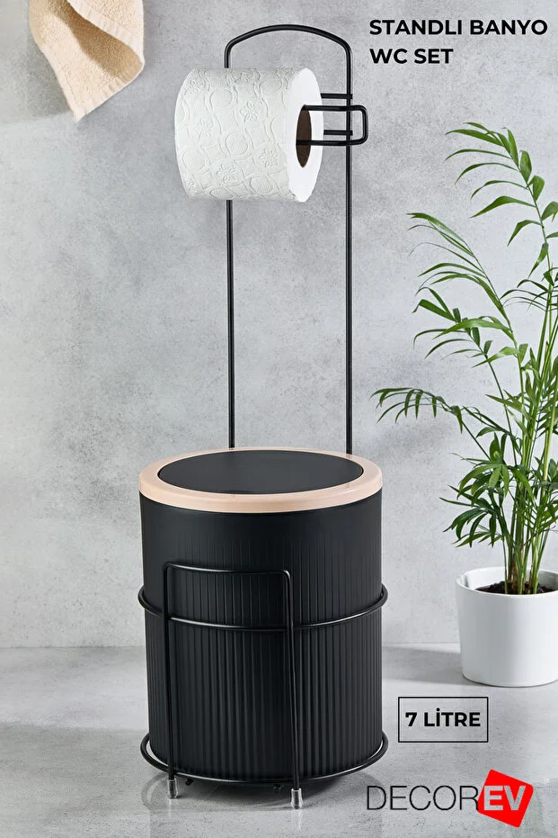 Lüks Banyo Mutfak Çöp Kovası Metal Standlı Tuvalet Wc Kağıtlık Seti